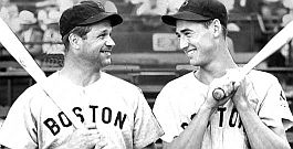 Jimmie Foxx shown in the late 1930s with Ted Williams. Click for collector plaque photo.