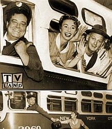 Double photo from ‘TV Land’ – top showing Ralph driving his bus with cast along for the ride; and at bottom, Alice bringing Ralph his lunch pail.