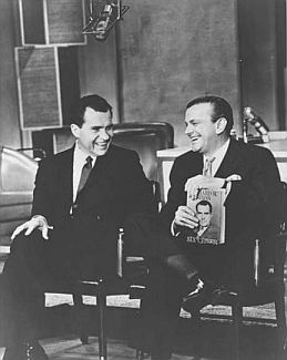 Nixon on Jack Paar TV show, believed to be March of 1963.  Parr is holding Nixon’s book, ‘Six Crises,’ published in 1962.