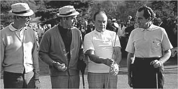 Richard Nixon with Jimmy Stewart, Fred MacMurray, and Bob Hope at Burbank, CA Lakeside Golf Club in January 1970.  (AP photo)