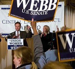 U.S. Senate candidate Jim Webb at an October 2006 campaign stop in Annandale, Virginia. Photo-Brendan Smialowski/Getty. Click for Webb book.