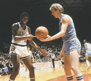 1979 NCAA championship players Magic Johnson of Michigan State, left, and Larry Bird of Indiana, right.