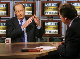 Bill Bradley with the late Tim Russert of NBC’s ‘Meet the Press,’ March 2007 in Wash., DC, discussing Bradley’s book, "The New American Story." Photo, Chip Somodevilla, Getty Images.