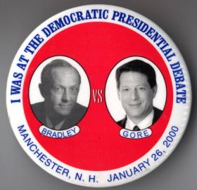 Campaign button commemorating the Bradley-Gore Democratic Presidential debate in Manchester, New Hampshire, January 26, 2000. 