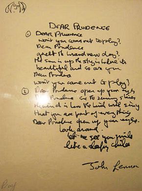 A silkscreen print copy of John Lennon’s hand-written “Dear Prudence” lyrics. The original was sold at auction in 1987.