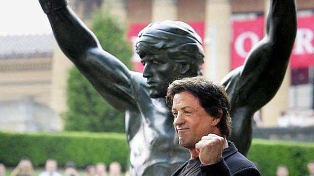 Film star and Rocky creator, Sylvester Stallone, with the Rocky statue at September 8th, 2006 ceremony installing the statue at its new location at the base of the steps to the Philadelphia Museum of Art.