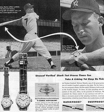 Close-up portion of full-page 1953 ad for a ‘torture tested’ Timex watch taped to Mickey Mantle’s baseball bat.
