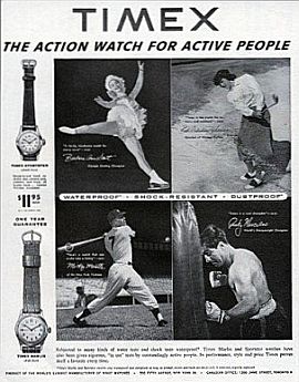 Timex magazine ad of 1954 showing four sports stars who tested and/or endorsed Timex watches. 