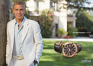 George Clooney is among the Omega “ambassadors” doing advertising for the company. This ad includes the wording “George Clooney’s choice” just above the featured watch.