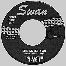 Swan Records released the Beatles’ ‘She Loves You’ in Sept 1963, but it went nowhere. Re-issued in early 1964 after Beatles’ music soared, it hit No. 1 in March. Click for vinyl.