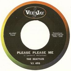 Vee-Jay single of Beatles’ “Please Please Me,” in Feb 1963, distinguished by ‘Beattles’ mis-spelling, later corrected. Click for digital.