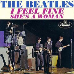 Beatles’ ‘I Feel Fine’ / ‘She’s A Woman’ single, Capitol Records, Nov 23, 1964.