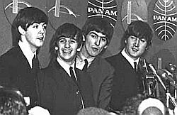 Beatles at press conference after landing in New York, February 7, 1964.