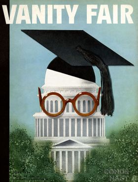Artist Paolo Garretto gives Washington’s Capitol building a ‘brain trust’ look with scholarly glasses and a mortarboard for the June 1934 cover of Vanity Fair.