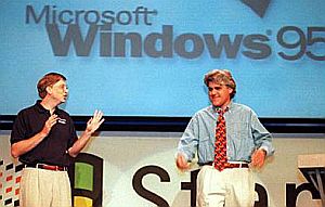 Microsoft’s Bill Gates on stage with Jay Leno at the Windows 95 launch event in Redmond, WA.