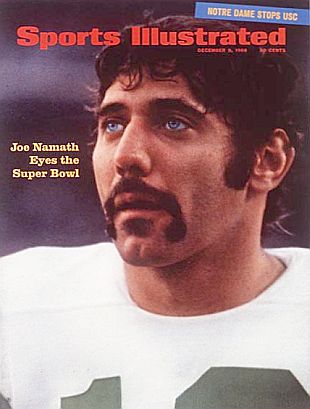 Joe Namath, with mustache, appears on Sports Illustrated cover, Dec. 9, 1968, prior to Super Bowl III. Click for copy.