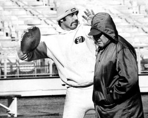 Mustachioed Joe Namath shown at practice in 1968 with Jet’s coach Weeb Ewbank.