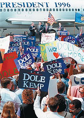 Bob Dole speaks at a campaign rally in Madison, September 5, 1996. Photo by Joseph W. Jackson III, Wisconsin State Journal.