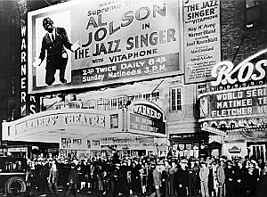 The premiere of “The Jazz Singer” in New York at the Warners Theater, October 6, 1927, the first talking motion picture and quite the event in its day.