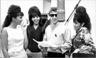 The Ronettes with Phil Spector in L.A. recording studio, 1963.