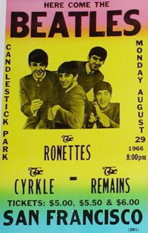 In 1966, the Ronettes were an opening act on the Beatles' last U.S. tour. Poster is for date at San Francisco's Candlestick Park, Aug 29th. Click for 1966 Beatles U.S. tour story.