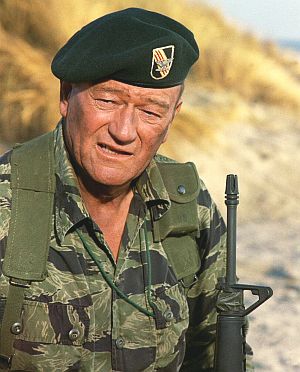 John Wayne in scene from "The Green Berets" film of 1968. Click for related story including some of Wayne's Vietnam politics.