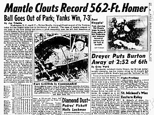 New York Daily News story of April 18, 1953, on the Mantle home run the previous day at Washington’s Griffith Stadium. Story appeared on page 25.