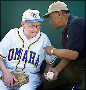Warren E. Buffett, left, with Chicago Cubs baseball great and Hall-of-Famer, Ernie Banks, at minor league game in Omaha,  August 10, 2007.  Photo, Matt Miller/Omaha World-Herald.
