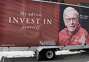 Warren Buffett, Class of 1951, makes an educational pitch for the University of Nebraska in a billboard ad.