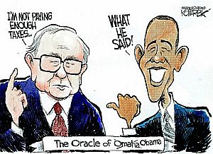 2008 political cartoon featuring candidate Barrack Obama highlighting Warren Buffett’s views on taxes.