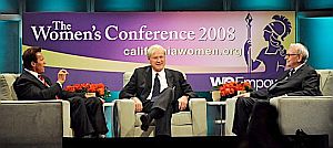 From left, California Governor Arnold Schwarzenegger, MSNBC-TV host, Chris Matthews, and Warren Buffett at The Women's Conference  in Long Beach, CA, Oct 22, 2008.