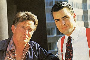 Martin Sheen, union man, with high-flying son wearing Gekko-esque braces. Martin Sheen, union man, with high-flying son wearing Gekko-esque braces.
