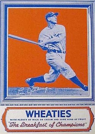 Lou Gehrig of the New York Yankees, first to appear on a "Wheaties" cereal package, back of box, 1934.