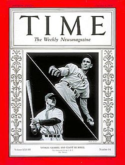 Time magazine cover of October 5, 1936 features Carl Hubbell, pitcher of the New York Giants, and Lou Gehrig of the New York Yankees. The two faced each other that year in the World Series. Gehrig had appeared on a Wheaties box in 1934, Hubbell in 1937.