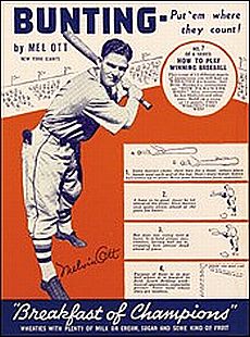 Mel Ott in 1937 offering a tutorial on the art of bunting on a Wheaties cereal back-of-box.