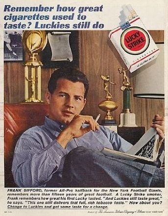 Frank Gifford, former New York Giants football star, appears in early 1960s magazine ad for Lucky Strike cigarettes.