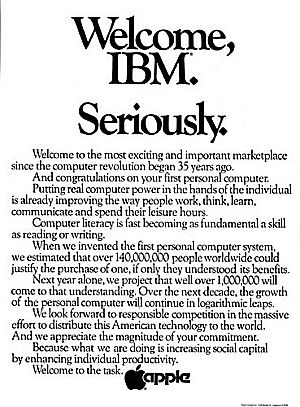 August 1981 full-page newspaper ad run by Apple in the Wall Street Journal welcoming IBM to the personal computer marketplace.