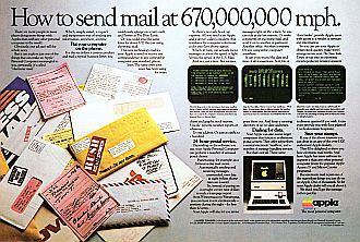 Double-page magazine ad for the Apple III touting something called “electronic mail” as one of the reasons folks might was to buy a new personal computer.