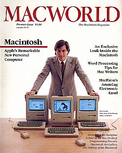 Premier issue of Apple’s “MacWorld” magazine, featuring Steve Jobs with computers, inaugurated at the Mac launch, January 1984