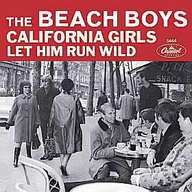 Sample single sleeve from 1965's “California Girls,” with Beach Boys shown at sidewalk cafe. Click for digital.
