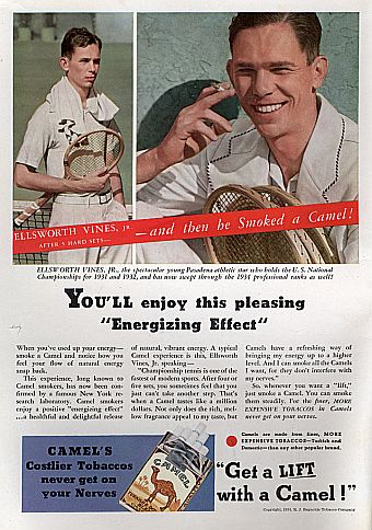 Tennis star Ellsworth Vines pitching Camel cigarettes in an October 1934 ‘Popular Science’ magazine ad.