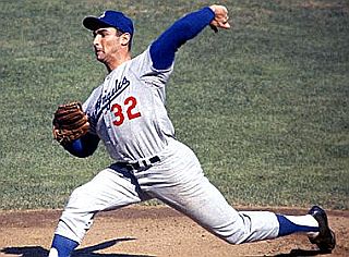 Sandy Koufax of the Dodgers making a pitch, 1960s.