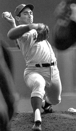 Sandy Koufax, delivering his magic from the pitching mound during the mid-1960s.