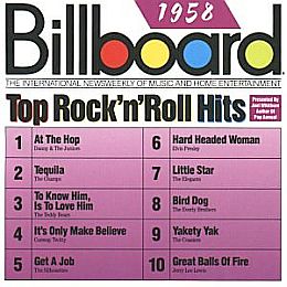 CD cover for Billboard’s “Top Rock ‘n’ Roll Hits of 1958”  – Rhino / Wea, October 1990. Click for CD.