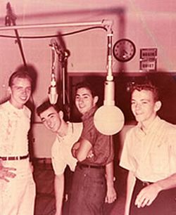 The young and hopeful Danny & The Juniors in a recording studio, 1957.