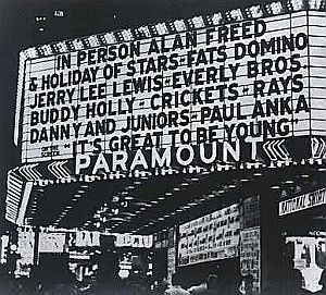 Theater marquee announcing acts in an Alan Freed rock 'n roll show, 1950s. Click for Alan Freed story.
