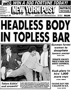 The New York Post’s “Headless Body In Topless Bar” headline of April 15, 1983. Click for book.