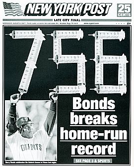 After Rupert Murdoch re-acquired the New York Post in 1993, creative headlines continued to appear, as in the Barry Bonds “hypodermic needle” home run record story.