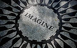 The tile mosaic "Imagine" circle at the Strawberry Fields section of Central Park, NY, in memory of John Lennon.