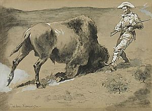 Frederic Remington’s “The Great Beast Came Crashing to The Ground,” shows hunter shooting a buffalo. Click for wall art.